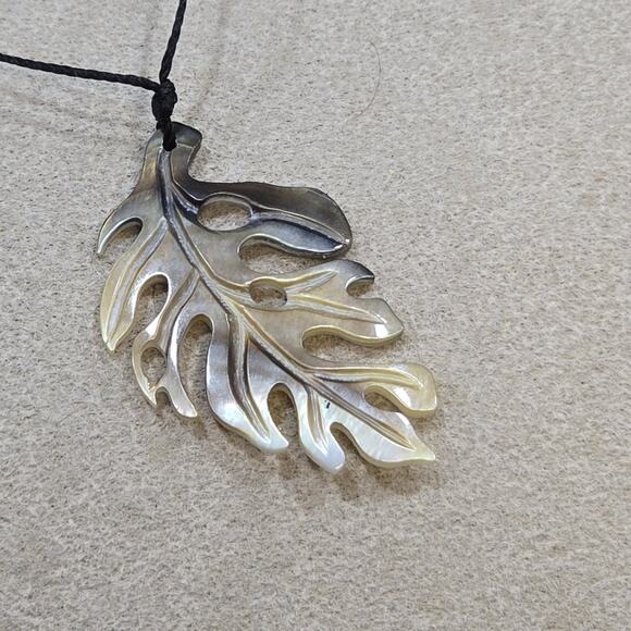 Carved Oyster Shell Hawaiian Monstera Pendant Delicate 17" Cord Necklace - Picture 8 of 11